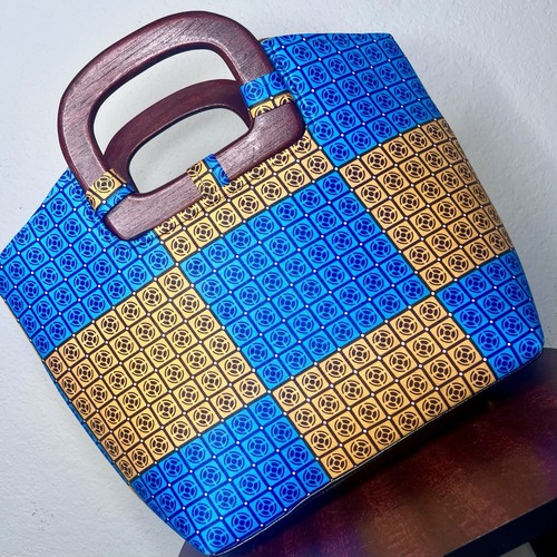 Blue & Yellow African Print Large Purse With Wooden Handles - Picture 2 of 7