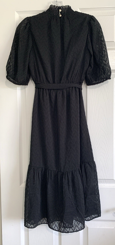 Loft Dress Womens XSP Black Swiss Dot Clip Chevron Smocked Midi Puff Sleeve - Picture 2 of 11