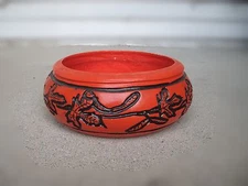 Orange & Black Carved Painted Leaf Design Wooden Bowl 8" Wide P100