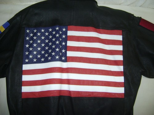 VTG WILSON LEATHERS KOREA MENS Lg BLACK LEATHER BOMBER JACKET LARGE US FLAG MORE - Picture 2 of 12