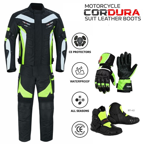 Green Black Motorbike Biker Suit Set Waterproof Textile Leather CE Armoured Mens - Picture 30 of 35