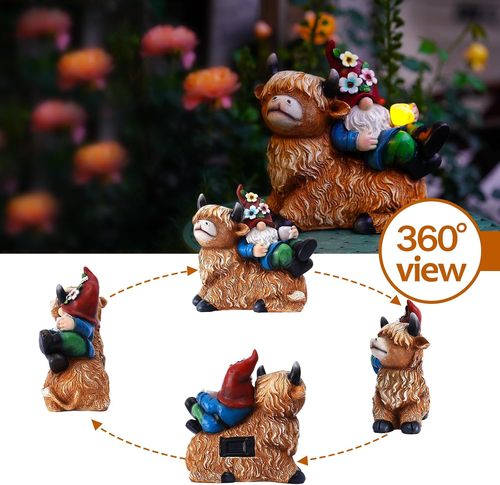 Garden Gnomes Decor Outdoor Statues Gnome on Highland Cow Hold Solar Cup Light O - Picture 3 of 12