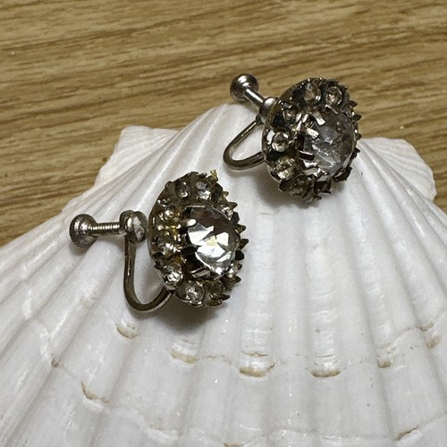 Vintage Clear Rhinestone Earrings Flower Screw ON Small Sparkly Silver Tone - Picture 4 of 8