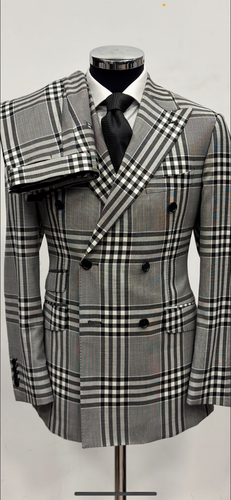 Grey black and white double breasted luxury wool suit - Picture 3 of 4