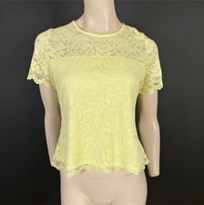 Oasis Yellow Lace Sheer Peplum Blouse Top Size L Short Sleeve Floral Women's