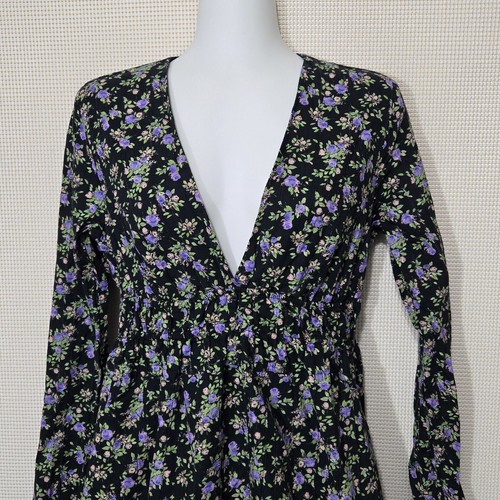 Zara Dress Womens Small Black Purple Floral Mini Long Sleeve Cotton - Picture 2 of 10