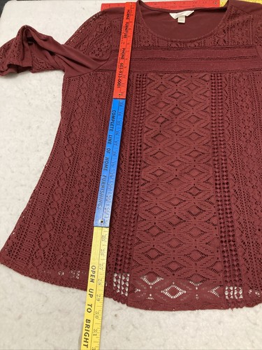 Krazy Kat Red 3/4 Sleeve Crochet Knit Blouse SZ XL Flirty Fun - Picture 10 of 15