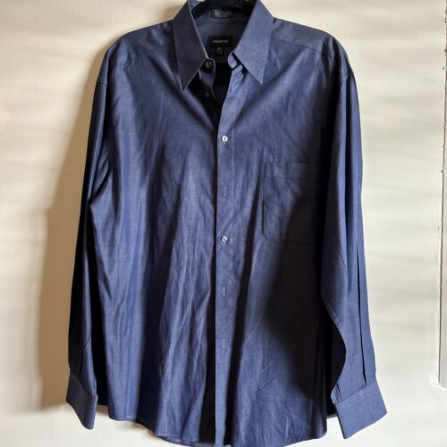 Men's Claiborne T-Weave Blue Button Front Dress Shirt Size L 16 1/2 34-35
