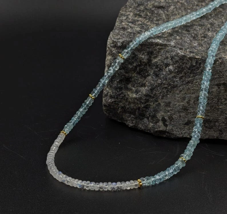 AAA+ Blue Aquamarine & Moonstone Faceted Rondelle Gemstone Beaded Necklaces 18'' - Image 4 of 4