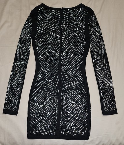 J.OUR Black Mini Bodycon Long Sleeve Dress Geometrical Rhinestones pattern Sz S - Picture 2 of 6
