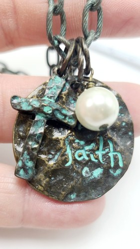 Vintage Style Teal & Bronze Cross Pendant Charms Necklace - Picture 9 of 10