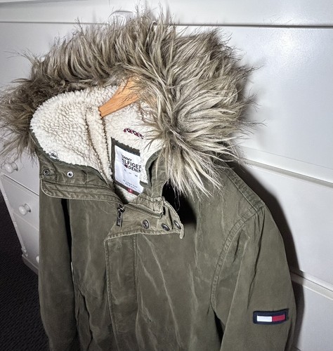 Tommy Hilfiger Parker Coat Khaki Size Small Hooded Detachable Fur Trim - Picture 5 of 10