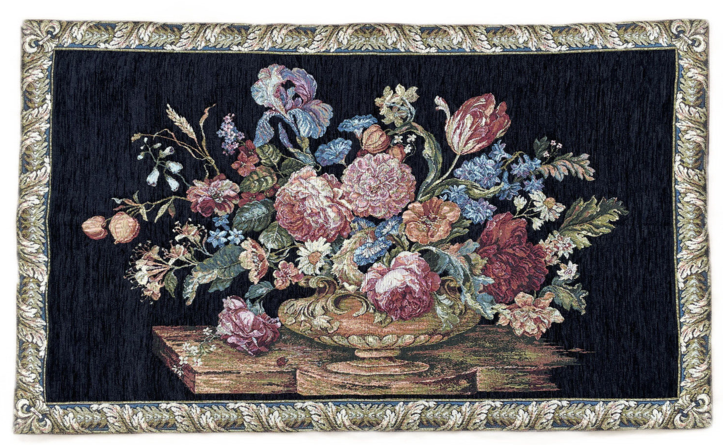 Wandteppich Gobelin Stillleben Emotion Arazzo Tapisserie Blumen Schwarz 115x70cm