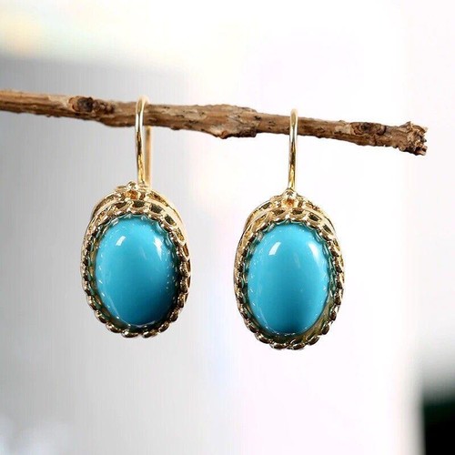 Pierced Earrings 18k Gold Filled Turquoise Blue Gemstones Drop Dangle Small Oval - Picture 4 of 24