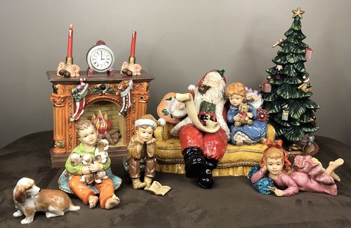 HERITAGE MINT 11 Piece PORCELAIN CHRISTMAS SETTING Santa Tree Fireplace Dog Kids - Picture 1 of 14