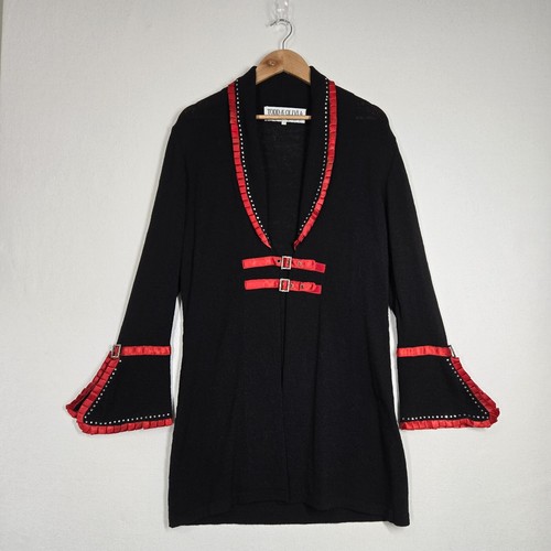 Todd & Olivia Cardigan Jacket Coat Sz 10 Black Knit Red Satin Rhinestones - Picture 16 of 16