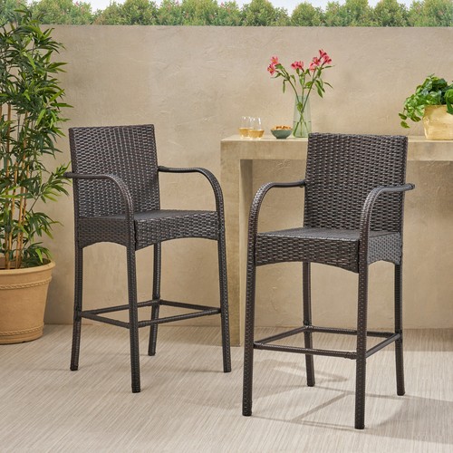 Set of 2 Outdoor Wicker Bar Stools Patio Chairs Bar Height Lawn Backyard Brown - Picture 3 of 12