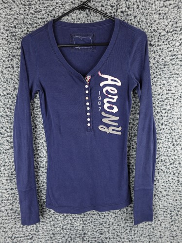 Aeropostale Damen Henley Thermo Shirt mittelblau langarm Aero 1987 Stret