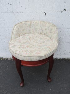 Vintage-Mahogany-Upholstered-Swivel-Round-Vanity-Bench-Stool-8812