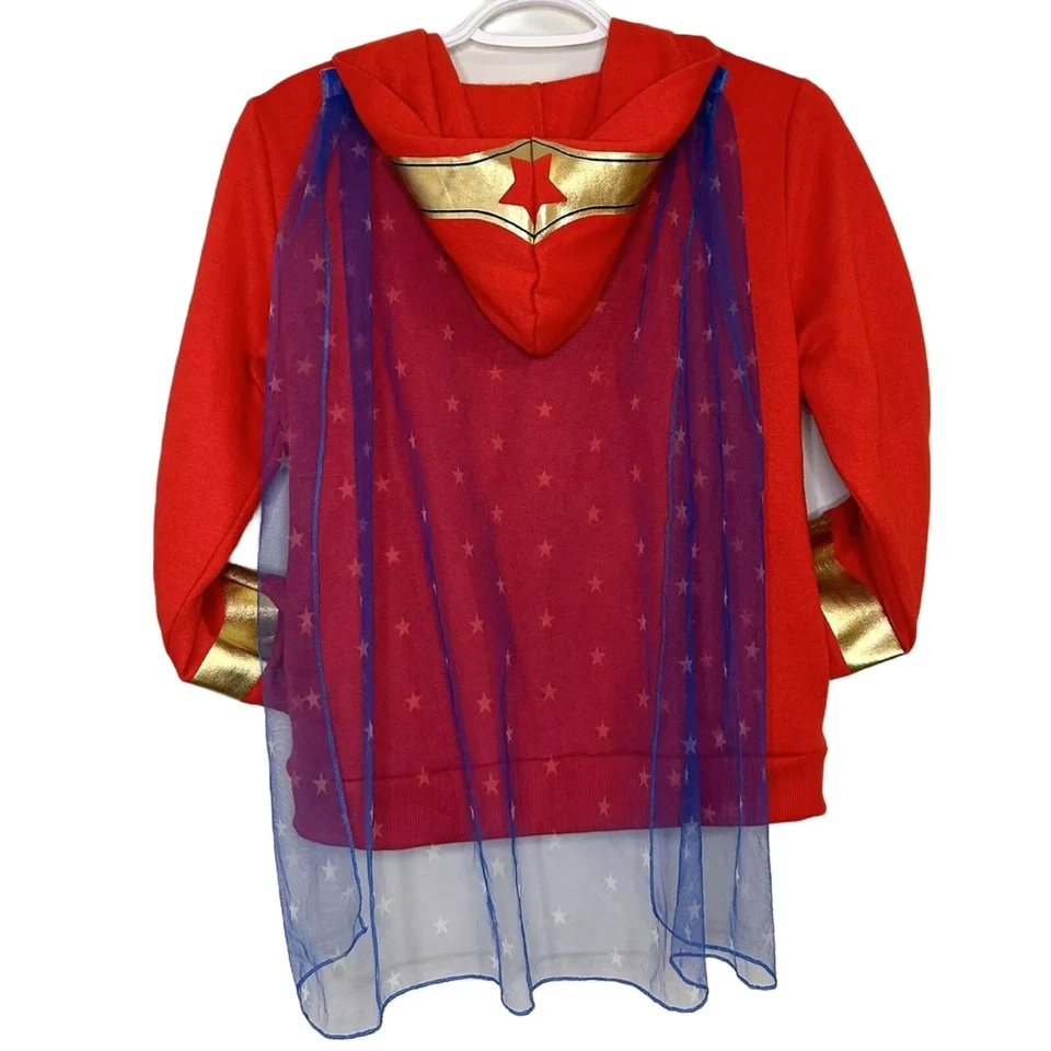Sudadera con capucha roja con cremallera para niña grande Wonder Woman con capa desmontable - Nueva con etiquetas Foto 4 de 4