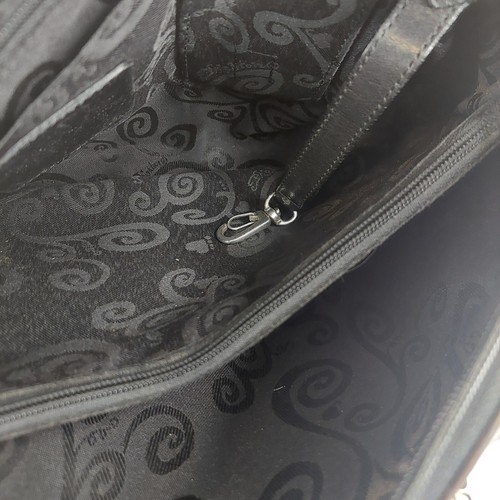 Vintage BRIGHTON Leather Bag Black Pebbled Two Handle Satchel Moc Croc Trim - Picture 10 of 14