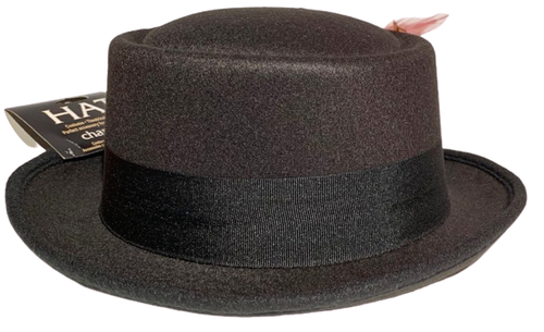 Deluxe BLACK WOOL FELT PORK PIE HAT Feather Keaton Prop Costume Cap Adult Walter - Picture 2 of 10