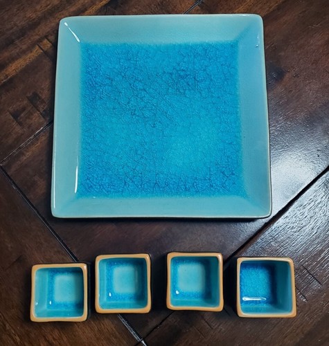 Japanese Style Matte Black & Blu Ceramic Sake Set of 7 w/ Carafe & Glasses - Picture 4 of 6