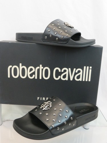 ROBERTO CAVALLI BLACK LEATHER SNAKE MEDALLION LOGO STUD SANDAL 43.5 / 10.5 ITALY - Picture 4 of 12
