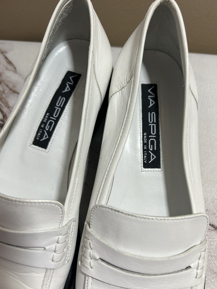 Via Spiga Vera Bright White Leather Square Toe Loafers Made In Italy Size 7.5 M