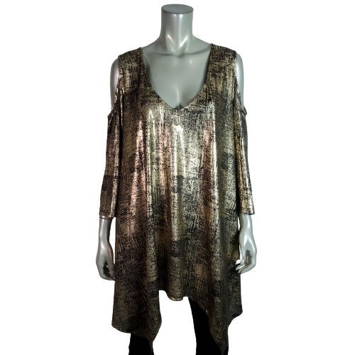 Roaman's Top Sz 26/28 Gold Metallic Cold Shoulder Asymmetric Hem Stretch Tunic - Picture 1 of 6