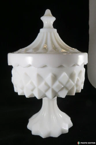 Vintage, Carousel Milk Glass, Smith Glass, Footed Candy Dish with Lid