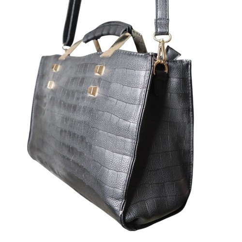 Black Faux Crocodile Leather Tote Bag With Gold Accents & Adjustable Shoulder St - Picture 3 of 12