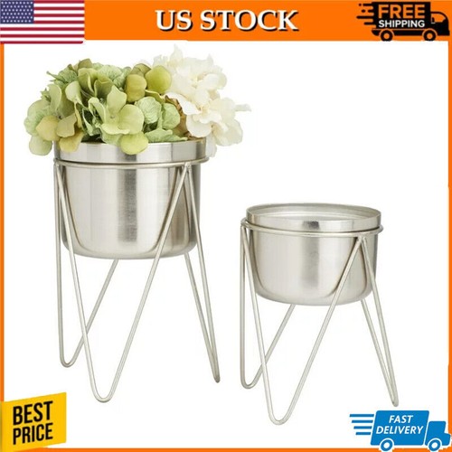 7"W Modern Round Floor Planter W/ Removable Stand Indoor Metal Silver 2 Count US