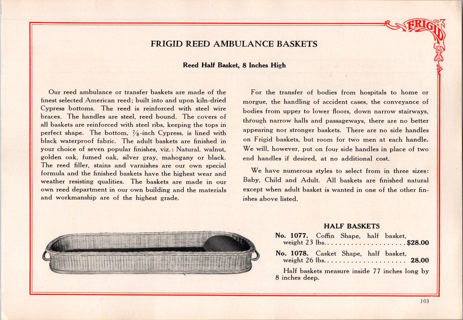Frigid Fluid Company Reed Ambulance Baskets  Print Ad Advertisement
