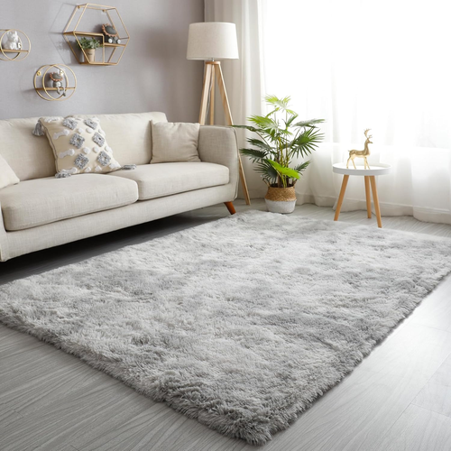 Shag Ultra Soft Area Rug, Non-Skid Fluffy 4'X6' Tie-Dyed Light Grey Plush Indoor - Picture 12 of 12