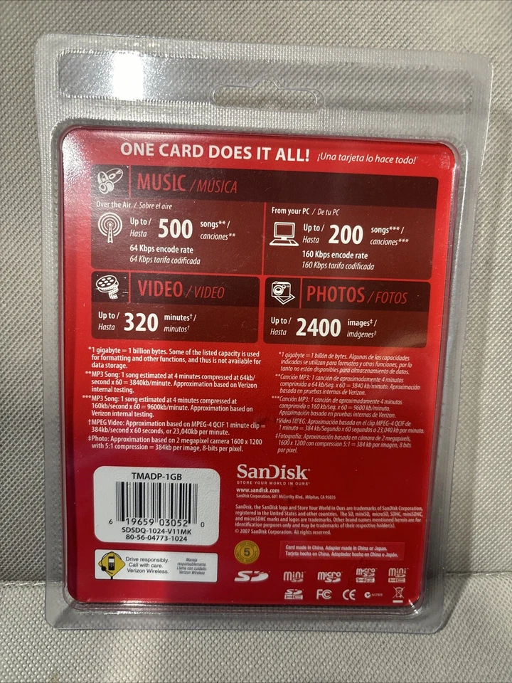 New Sandisk 1 GB Memory Card With Adapters 3 in 1 Verizon Wireless Music Photos - Image 2 of 2