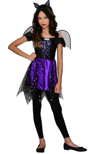 New Girls Miss Batty Bat Halloween Costume Purple Black Wings Dress Medium  7/8 - Picture 4 of 8