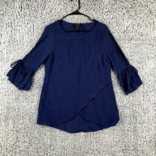 I.N. Studio Blouse Womens Medium Blue 3/4 Sleeve Cold Shoulder Rayon Blend