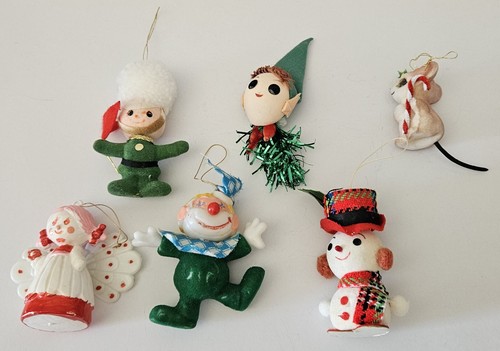 Ornamenti vintage in feltro floccato e plastica. Elfo, pagliaccio, pupazzo di neve, topo. Anni 50-60. x6 - Foto 9 di 11