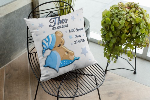 Personalisierte Babygeschenke zur Geburt Kissen mit Namen Teddybär Junge Taufe - Bild 2 von 7
