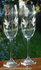  2 Sektgläser Gläser Hochzeit Hochzeitsgläser Tauben Ringe HANDGESCHLIFFEN