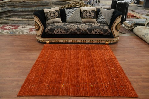 High-quality Orange Hand-woven Wool Square Rug Durable Gabbeh Rug 6x6 ft - Picture 3 of 11