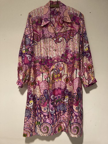 True Vintage 60s Shift Shirt Dress Psychedelic Pink Floral Retro UK 14-16 - Bild 1 von 8