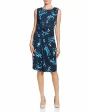 T TAHARI Navy Blue Floral-Print Sleeveless Summer Draped Dress 2 NWT