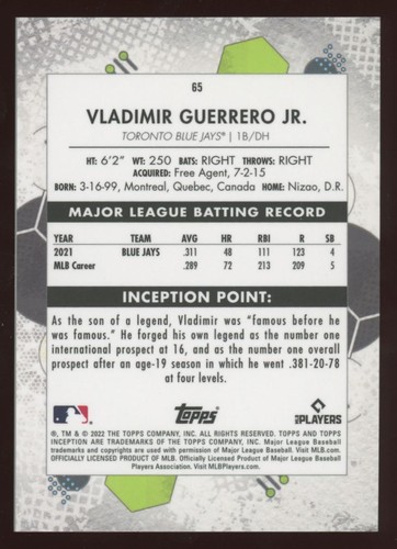 2022 Topps Inception Vladimir Guerrero Jr. Toronto Blue Jays #65 - Foto 2 di 2