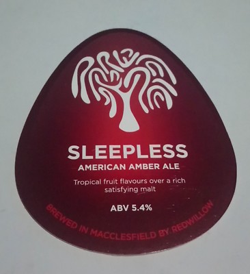 REDWILLOW SCHLAFLOS AMERIKANISCHER BERNSTEIN ALE PUMPE GRIFF CLIP ABZEICHEN 5,4 % ABV SEHR GUTER ZUSTAND MACC