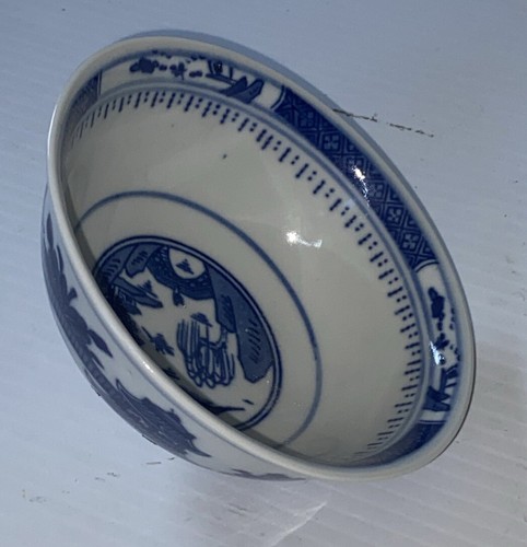 Antiguo Tazón Pequeño Exportación China Azul Blanco Paisaje Pagoda Estampada - Imagen 3 de 23