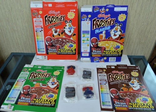 4 Diff SPIDER-MAN KELLOGG FROSTIES Cereal Box & 4 TOYS 2002 Italy Rare