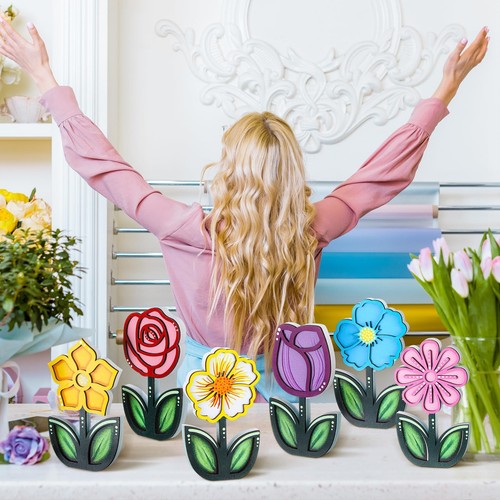 Spring Decorations Indoor Tabletop Colorful Flowers Wooden Signs Gift 6 Pcs - Picture 7 of 12