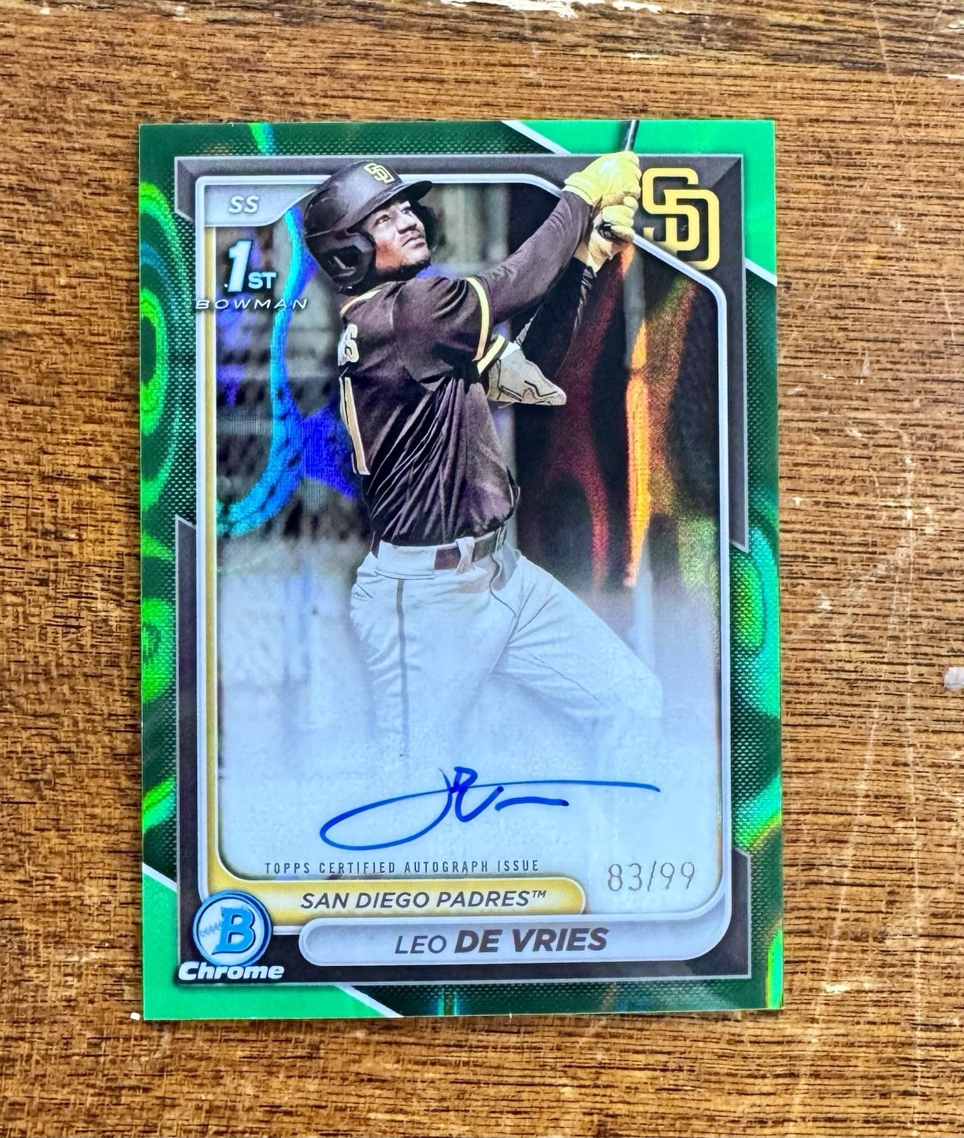 2024 Bowman Chrome Leo De Vries 1st Chrome Green Lava Refractor Auto /99